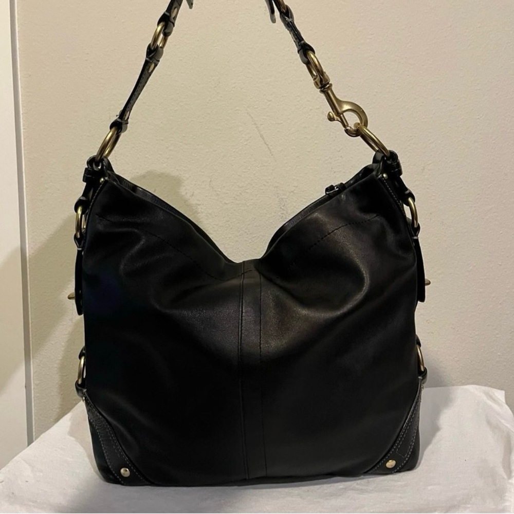 COACH Black Leather Zoe XL Studded Hobo Shoulder Bag